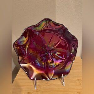 8 Vintage Red/Cranberry Iridescent Flower Shaped Glass Art Plates, set of 8